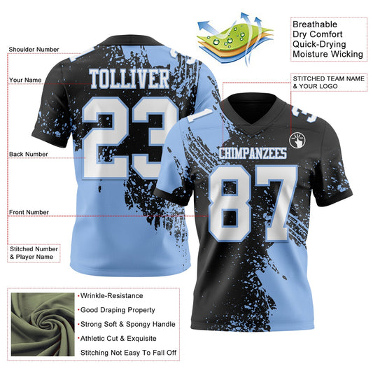 Custom Black White-Light Blue 3D Pattern Abstract Brush Stroke Mesh Authentic Football Jersey