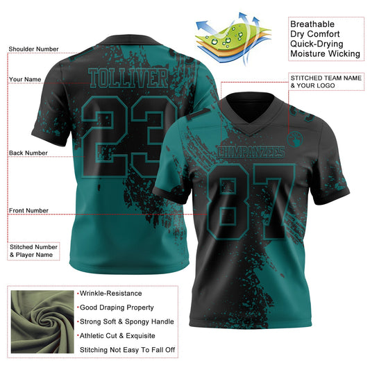 Custom Black Teal 3D Pattern Abstract Brush Stroke Mesh Authentic Football Jersey