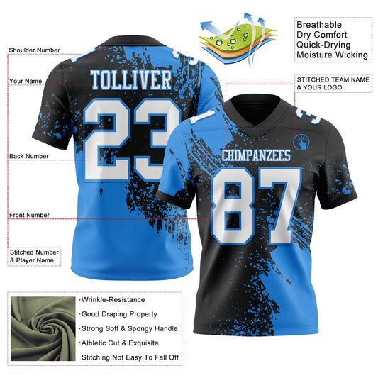 Custom Black White-Powder Blue 3D Pattern Abstract Brush Stroke Mesh Authentic Football Jersey