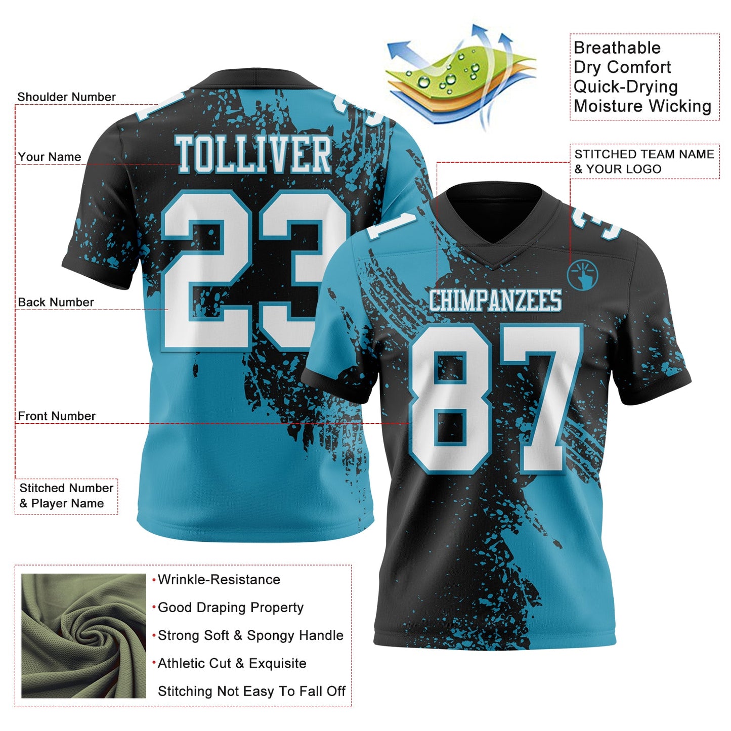 Custom Black White-Panther Blue 3D Pattern Abstract Brush Stroke Mesh Authentic Football Jersey