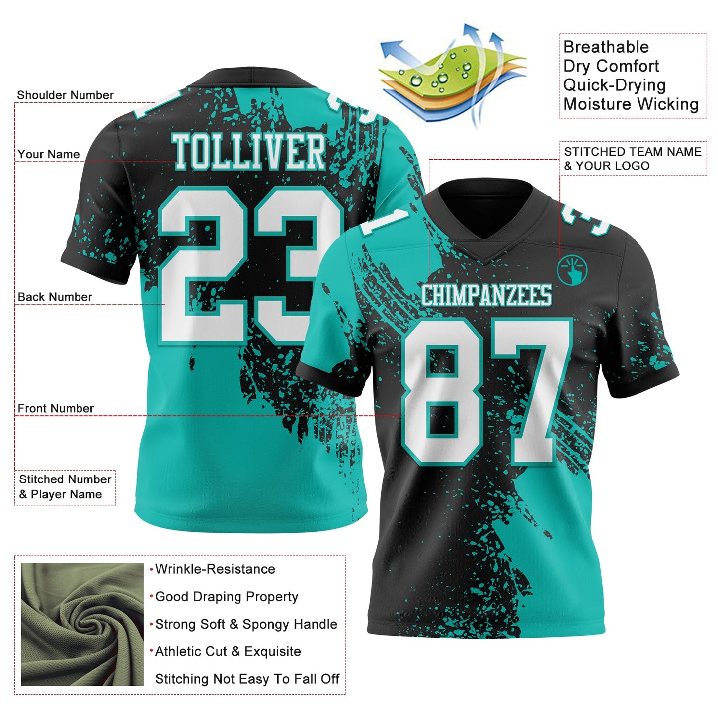 Custom Black White-Aqua 3D Pattern Abstract Brush Stroke Mesh Authentic Football Jersey