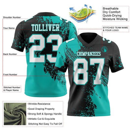 Custom Black White-Aqua 3D Pattern Abstract Brush Stroke Mesh Authentic Football Jersey