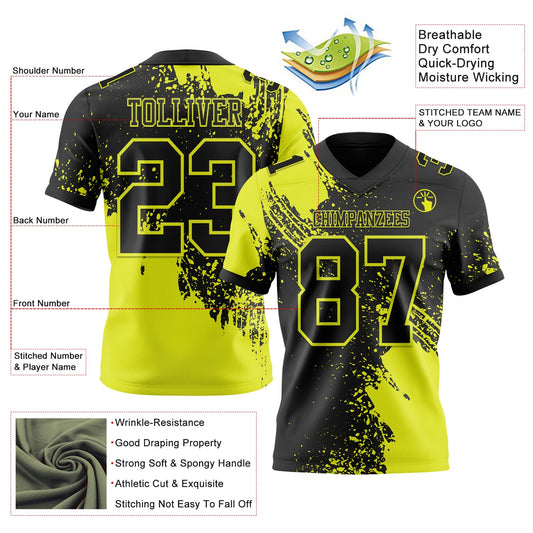 Custom Black Neon Yellow 3D Pattern Abstract Brush Stroke Mesh Authentic Football Jersey