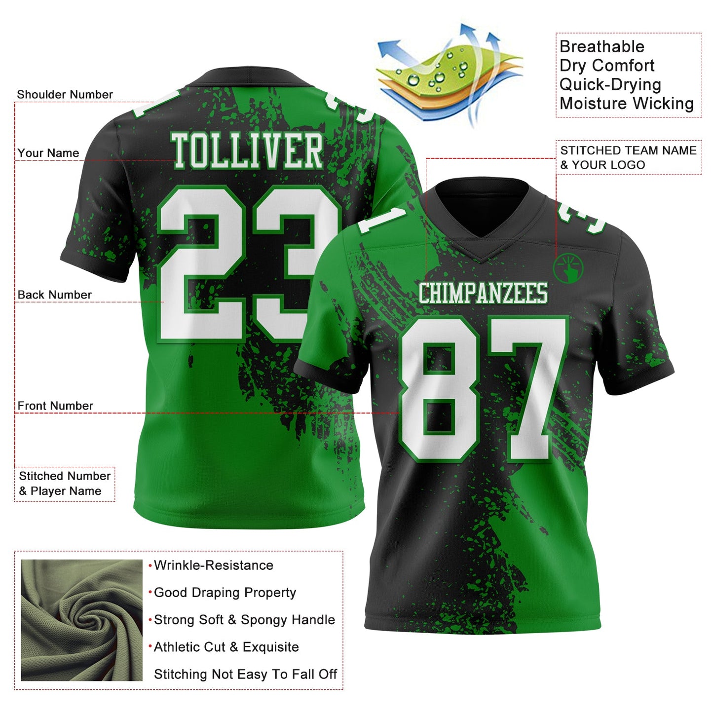 Custom Black White-Grass Green 3D Pattern Abstract Brush Stroke Mesh Authentic Football Jersey