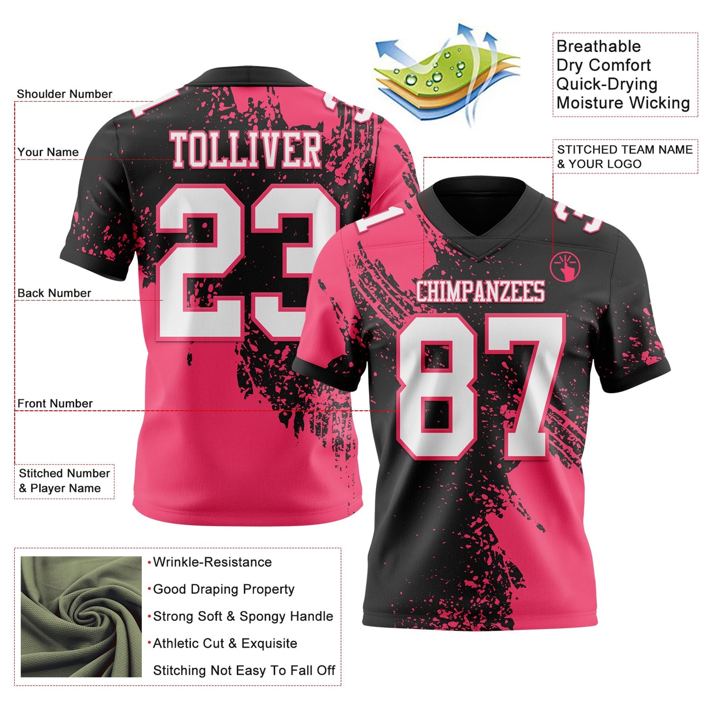 Custom Black White-Neon Pink 3D Pattern Abstract Brush Stroke Mesh Authentic Football Jersey
