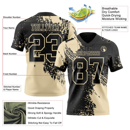 Custom Black Cream 3D Pattern Abstract Brush Stroke Mesh Authentic Football Jersey