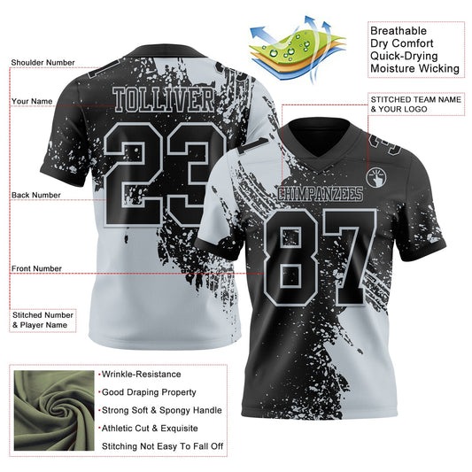 Custom Black Silver 3D Pattern Abstract Brush Stroke Mesh Authentic Football Jersey