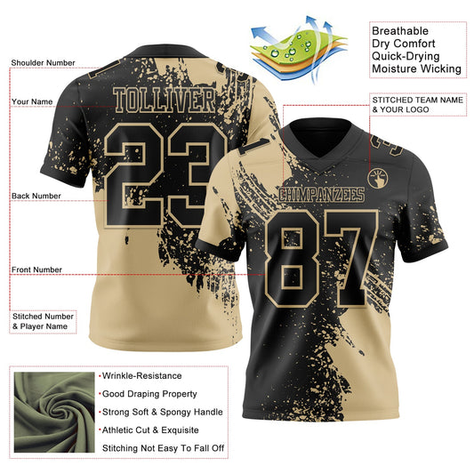 Custom Black Vegas Gold 3D Pattern Abstract Brush Stroke Mesh Authentic Football Jersey