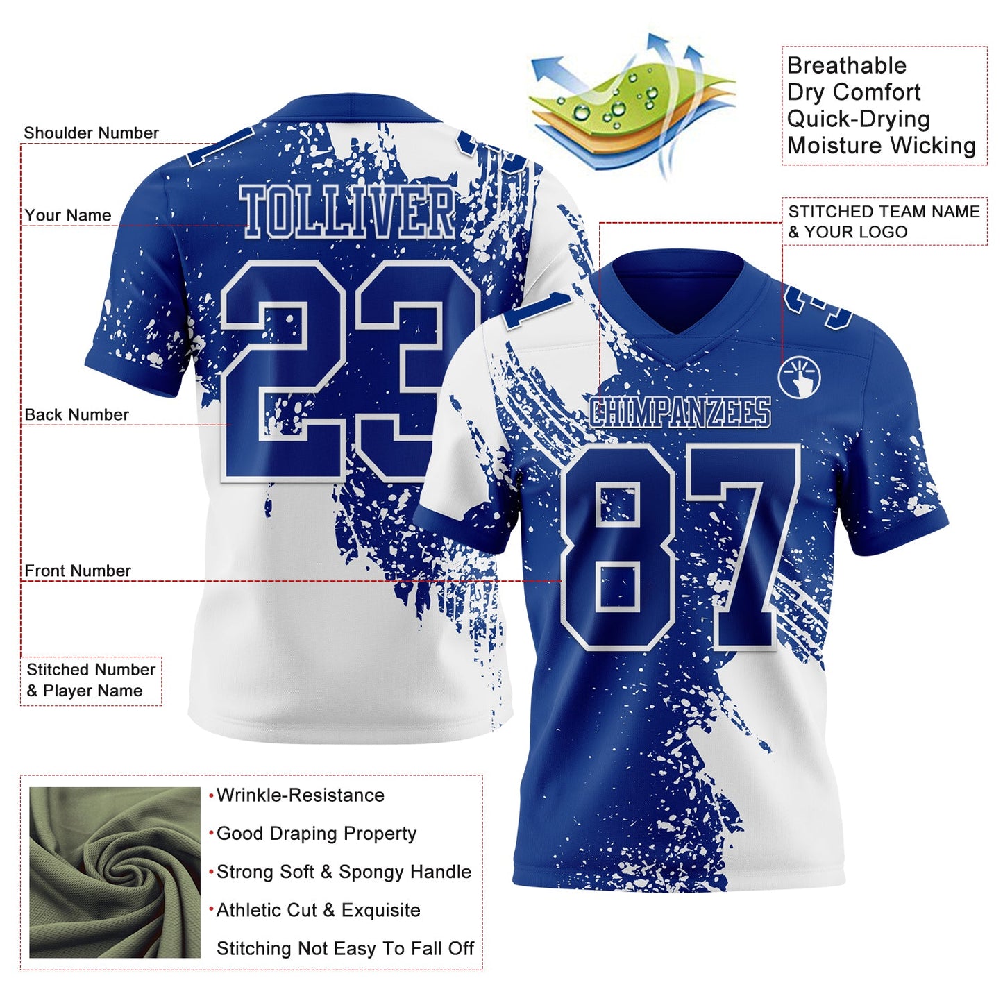 Custom Royal White 3D Pattern Abstract Brush Stroke Mesh Authentic Football Jersey