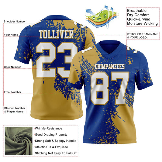 Custom Royal White-Old Gold 3D Pattern Abstract Brush Stroke Mesh Authentic Football Jersey