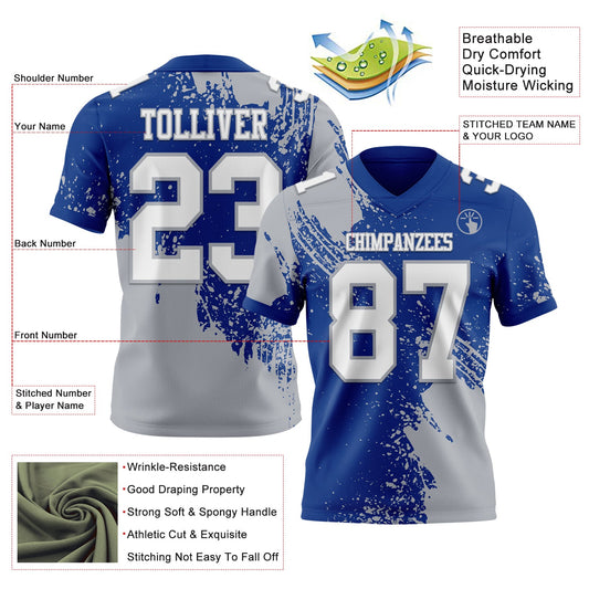 Custom Royal White-Gray 3D Pattern Abstract Brush Stroke Mesh Authentic Football Jersey