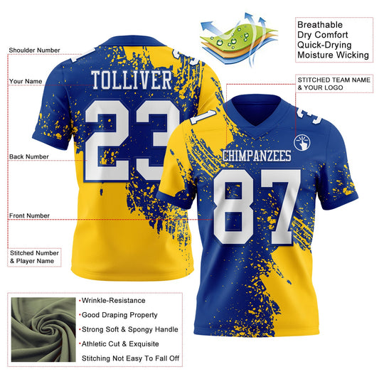 Custom Royal White-Gold 3D Pattern Abstract Brush Stroke Mesh Authentic Football Jersey