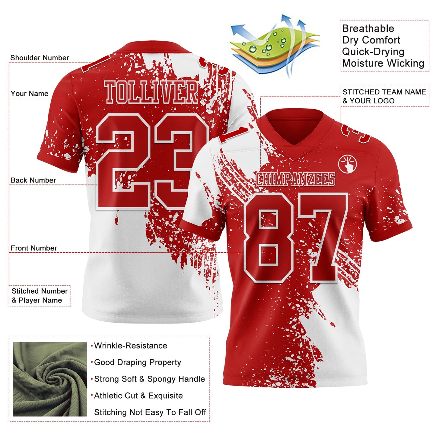 Custom Red White 3D Pattern Abstract Brush Stroke Mesh Authentic Football Jersey