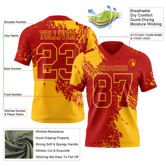 Custom Red Gold 3D Pattern Abstract Brush Stroke Mesh Authentic Football Jersey