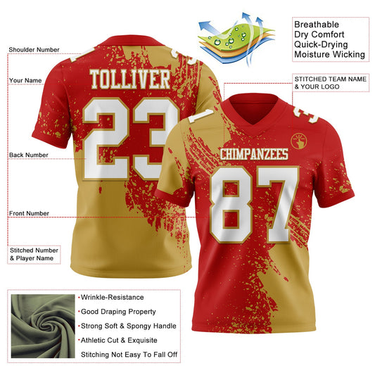 Custom Red White-Old Gold 3D Pattern Abstract Brush Stroke Mesh Authentic Football Jersey