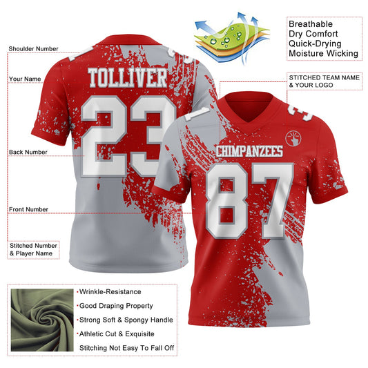 Custom Red White-Gray 3D Pattern Abstract Brush Stroke Mesh Authentic Football Jersey