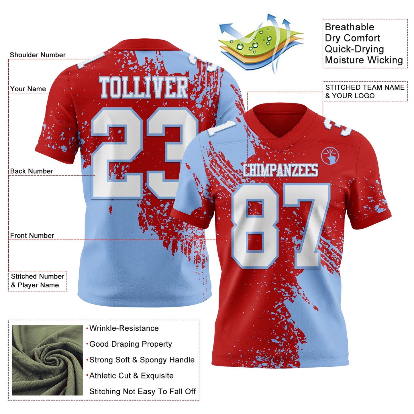 Custom Red White-Light Blue 3D Pattern Abstract Brush Stroke Mesh Authentic Football Jersey