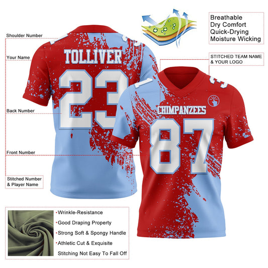 Custom Red White-Light Blue 3D Pattern Abstract Brush Stroke Mesh Authentic Football Jersey