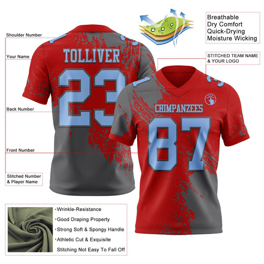 Custom Red Light Blue-Steel Gray 3D Pattern Abstract Brush Stroke Mesh Authentic Football Jersey