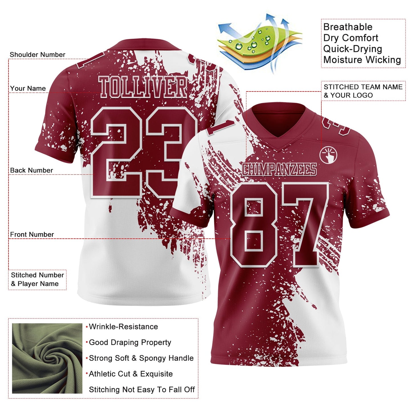 Custom Crimson White 3D Pattern Abstract Brush Stroke Mesh Authentic Football Jersey