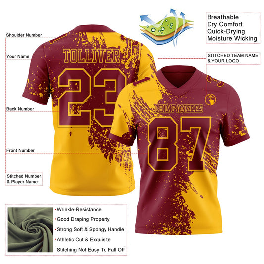 Custom Crimson Gold 3D Pattern Abstract Brush Stroke Mesh Authentic Football Jersey