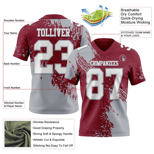 Custom Crimson White-Gray 3D Pattern Abstract Brush Stroke Mesh Authentic Football Jersey