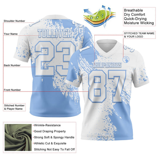 Custom White Light Blue 3D Pattern Abstract Brush Stroke Mesh Authentic Football Jersey