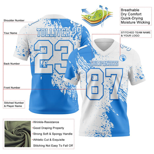 Custom White Powder Blue 3D Pattern Abstract Brush Stroke Mesh Authentic Football Jersey