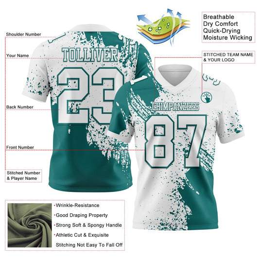 Custom White Teal 3D Pattern Abstract Brush Stroke Mesh Authentic Football Jersey