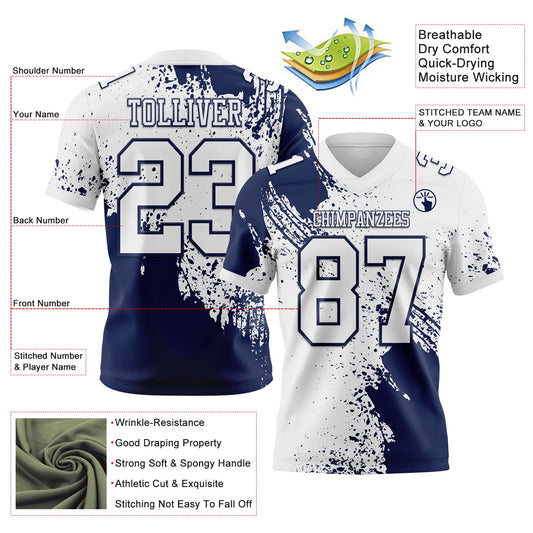 Custom White Navy 3D Pattern Abstract Brush Stroke Mesh Authentic Football Jersey