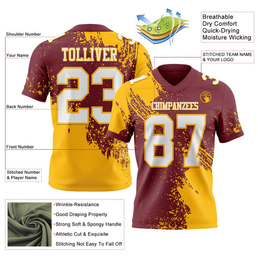 Custom Burgundy White-Gold 3D Pattern Abstract Brush Stroke Mesh Authentic Football Jersey