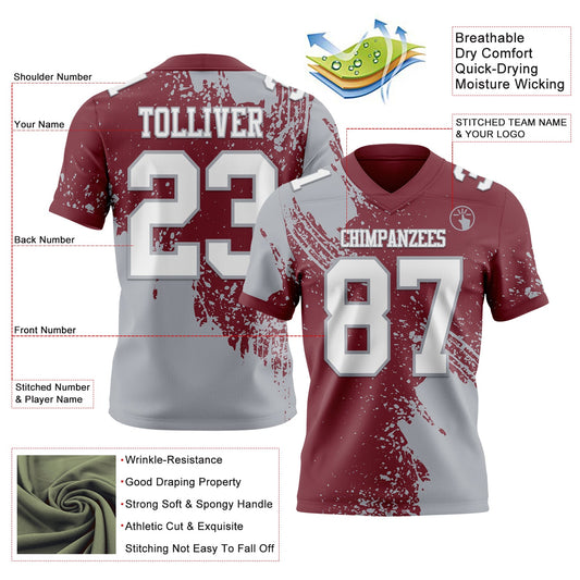 Custom Burgundy White-Gray 3D Pattern Abstract Brush Stroke Mesh Authentic Football Jersey