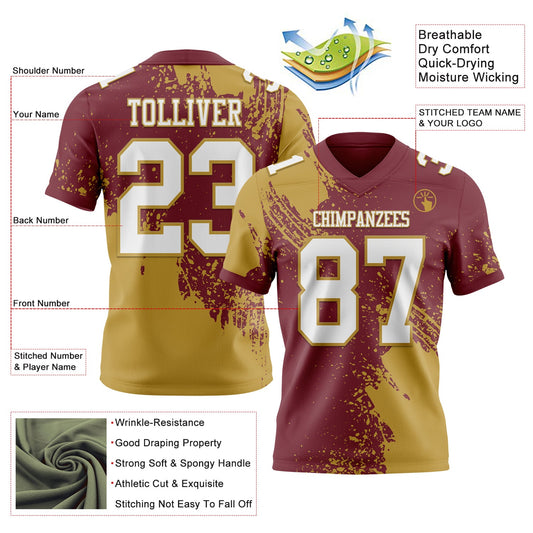 Custom Burgundy White-Old Gold 3D Pattern Abstract Brush Stroke Mesh Authentic Football Jersey