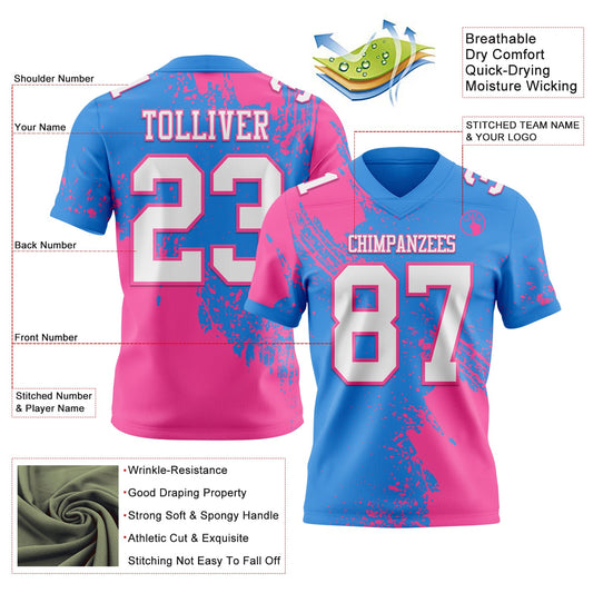 Custom Powder Blue White-Pink 3D Pattern Abstract Brush Stroke Mesh Authentic Football Jersey
