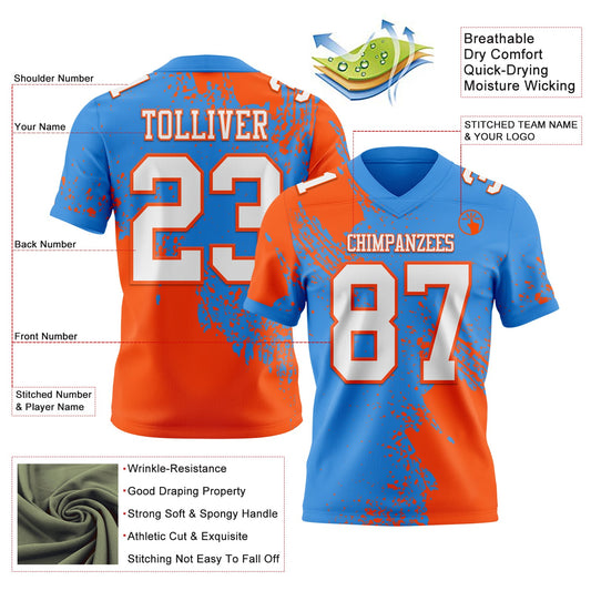 Custom Powder Blue White-Orange 3D Pattern Abstract Brush Stroke Mesh Authentic Football Jersey