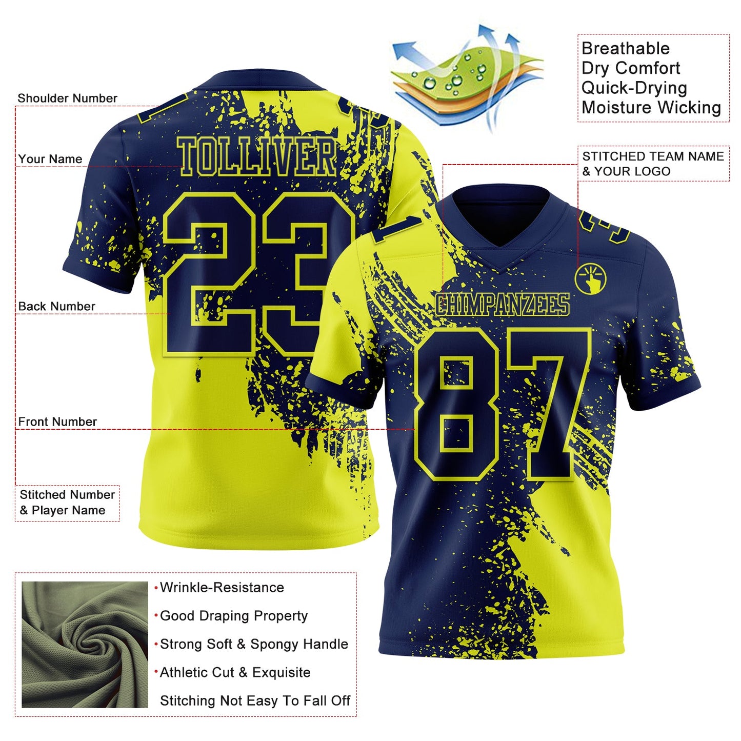 Custom Navy Neon Yellow 3D Pattern Abstract Brush Stroke Mesh Authentic Football Jersey