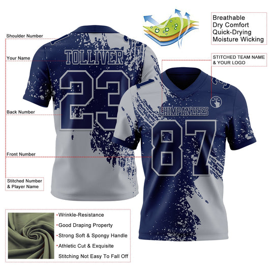 Custom Navy Gray 3D Pattern Abstract Brush Stroke Mesh Authentic Football Jersey