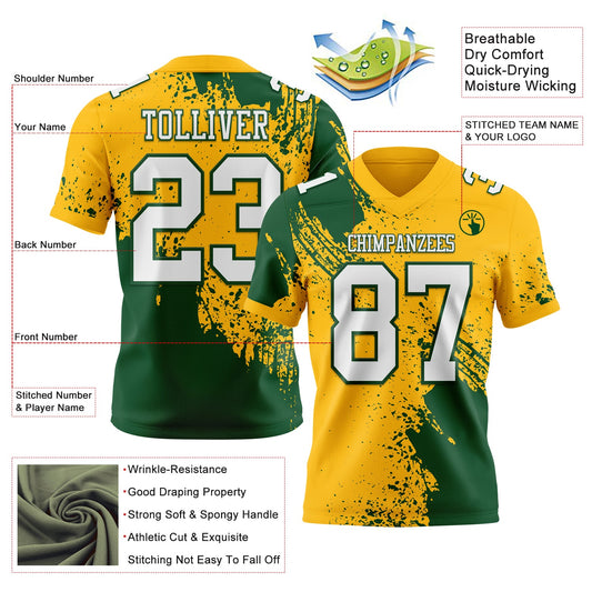 Custom Gold White-Green 3D Pattern Abstract Brush Stroke Mesh Authentic Football Jersey