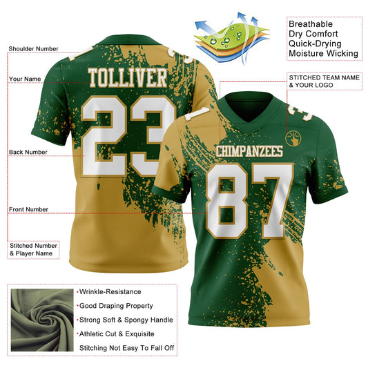 Custom Green White-Old Gold 3D Pattern Abstract Brush Stroke Mesh Authentic Football Jersey