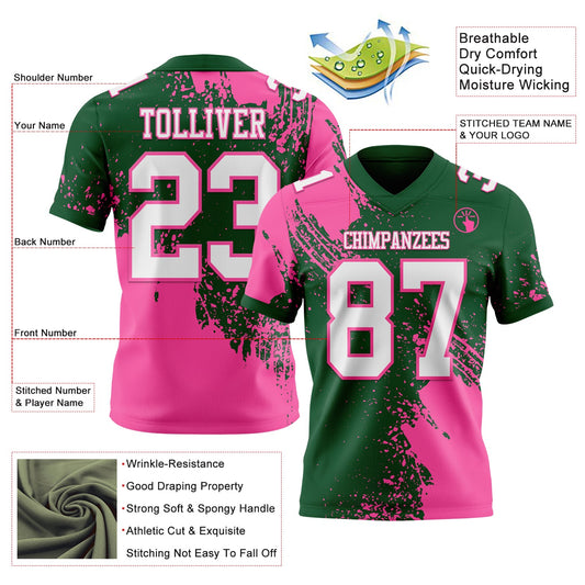 Custom Green White-Pink 3D Pattern Abstract Brush Stroke Mesh Authentic Football Jersey