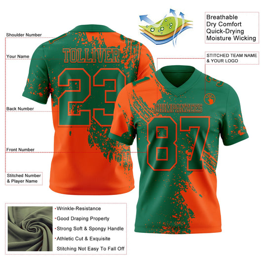Custom Kelly Green Orange 3D Pattern Abstract Brush Stroke Mesh Authentic Football Jersey