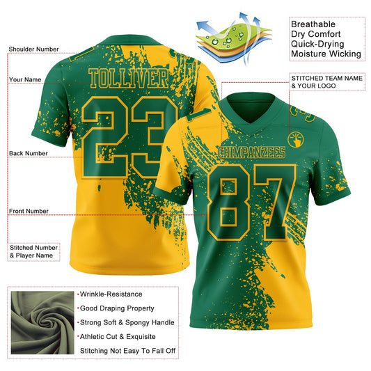 Custom Kelly Green Gold 3D Pattern Abstract Brush Stroke Mesh Authentic Football Jersey