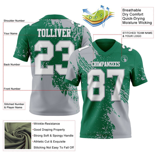 Custom Kelly Green White-Gray 3D Pattern Abstract Brush Stroke Mesh Authentic Football Jersey