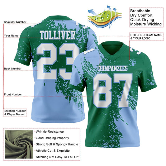 Custom Kelly Green White-Light Blue 3D Pattern Abstract Brush Stroke Mesh Authentic Football Jersey