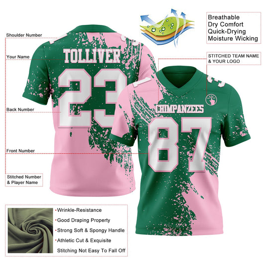 Custom Kelly Green White-Light Pink 3D Pattern Abstract Brush Stroke Mesh Authentic Football Jersey