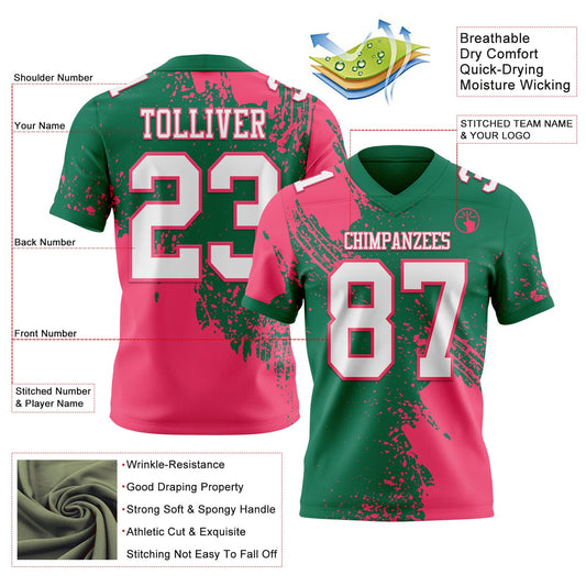 Custom Kelly Green White-Neon Pink 3D Pattern Abstract Brush Stroke Mesh Authentic Football Jersey