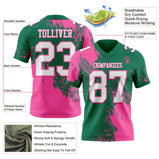 Custom Kelly Green White-Pink 3D Pattern Abstract Brush Stroke Mesh Authentic Football Jersey