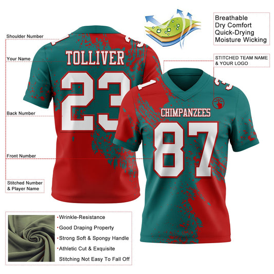 Custom Teal White-Red 3D Pattern Abstract Brush Stroke Mesh Authentic Football Jersey
