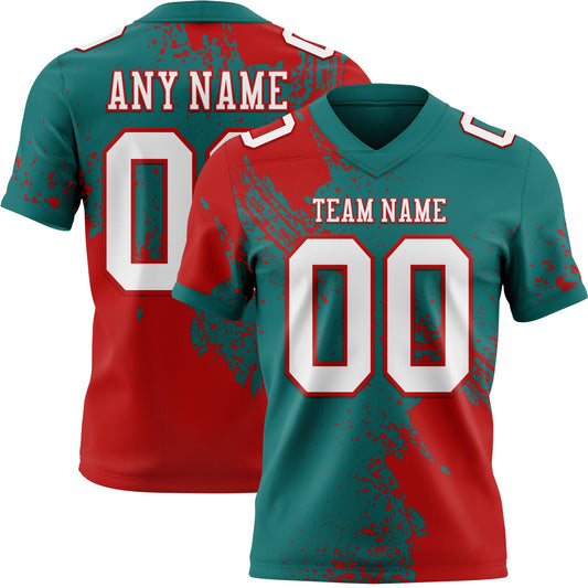 Custom Teal White-Red 3D Pattern Abstract Brush Stroke Mesh Authentic Football Jersey