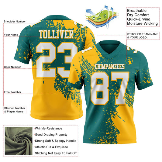 Custom Teal White-Gold 3D Pattern Abstract Brush Stroke Mesh Authentic Football Jersey